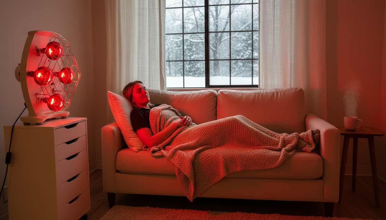 Person relaxing, experiencing far infrared therapy benefits for winter wellness and immune support.